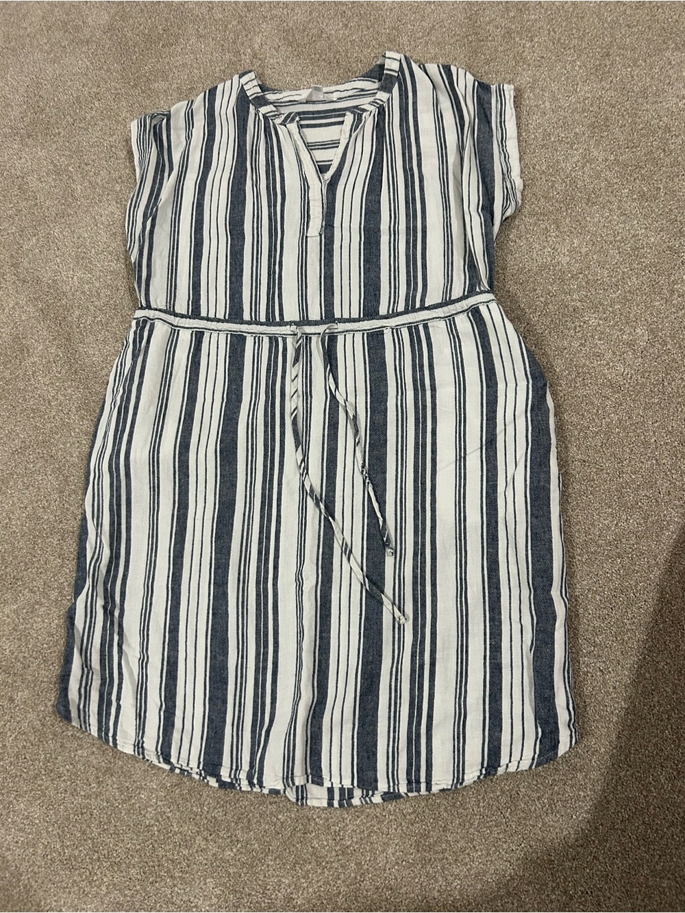 Time and Tru Navy and White Striped Drawstring V-Neck Mini Dress
